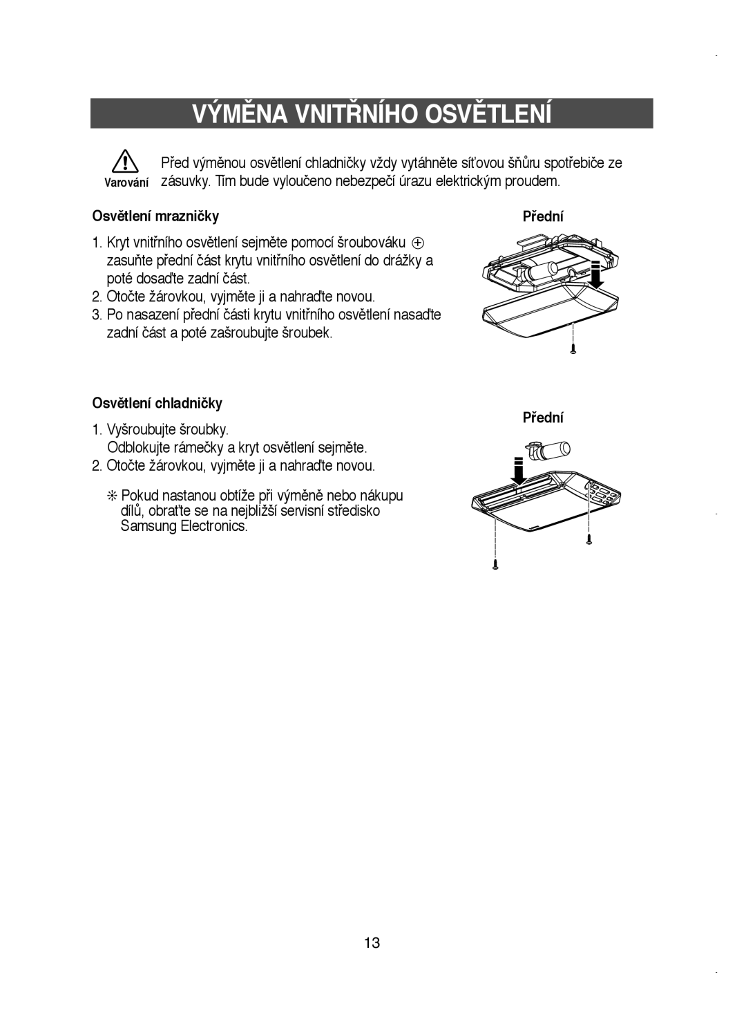 Samsung RT58WASM1/XEH manual Osvûtlení mrazničky, Osvûtlení chladničky Pﬁední 