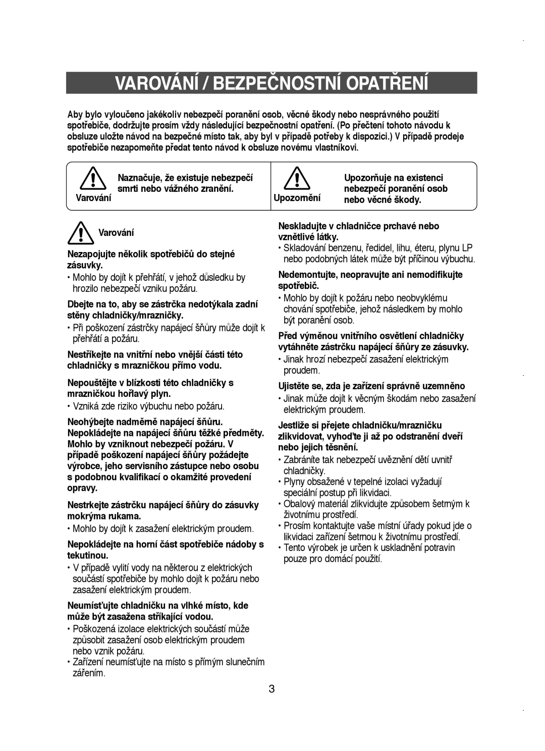 Samsung RT58WASM1/XEH manual Varování / Bezpečnostní OPAT¤ENÍ 