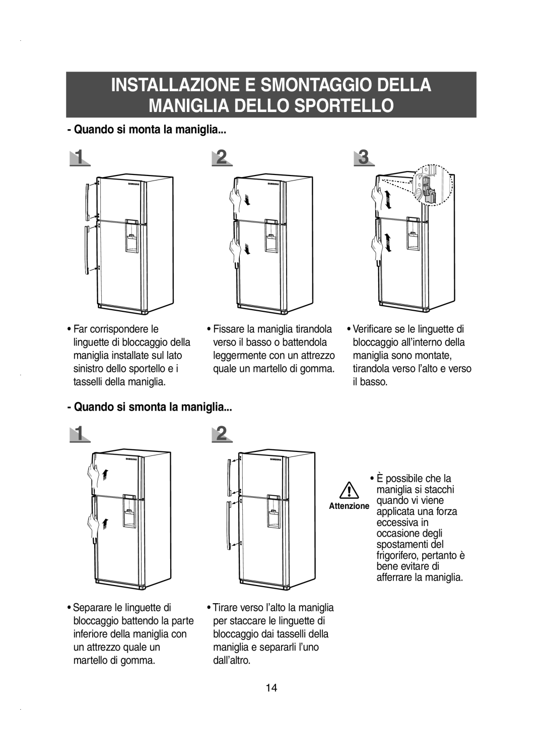 Samsung RT58ZAMT1/XET manual Installazione E Smontaggio Della Maniglia Dello Sportello, Quando si monta la maniglia 