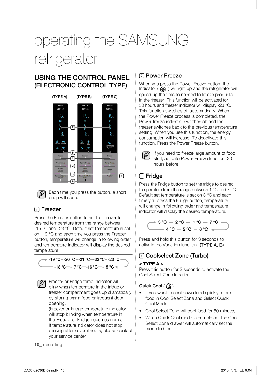 Samsung RT5562DTBWW/ML manual Operating the Samsung refrigerator, Using the Control Panel, Electronic Control Type 