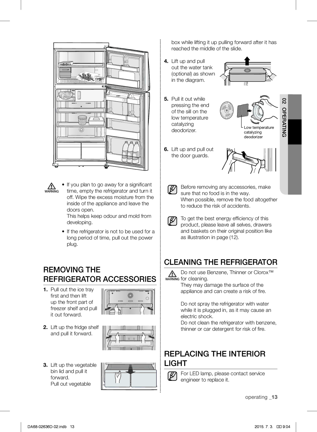 Samsung RT5562DTBSP/ML Cleaning the Refrigerator, Replacing the Interior Light, Removing the Refrigerator Accessories 