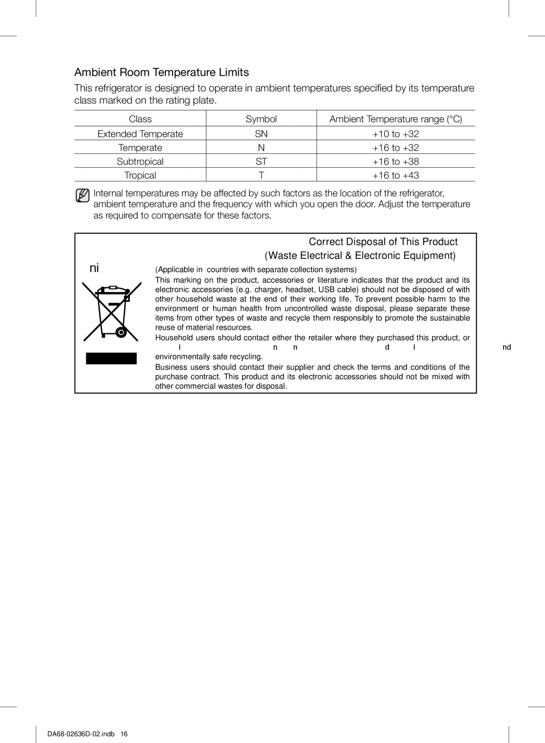 Samsung RT5962DTBSP/ML, RT5562DTBSP/ML, RT5562DTBWW/ML, RT5962DTBWW/ML manual Ambient Room Temperature Limits 