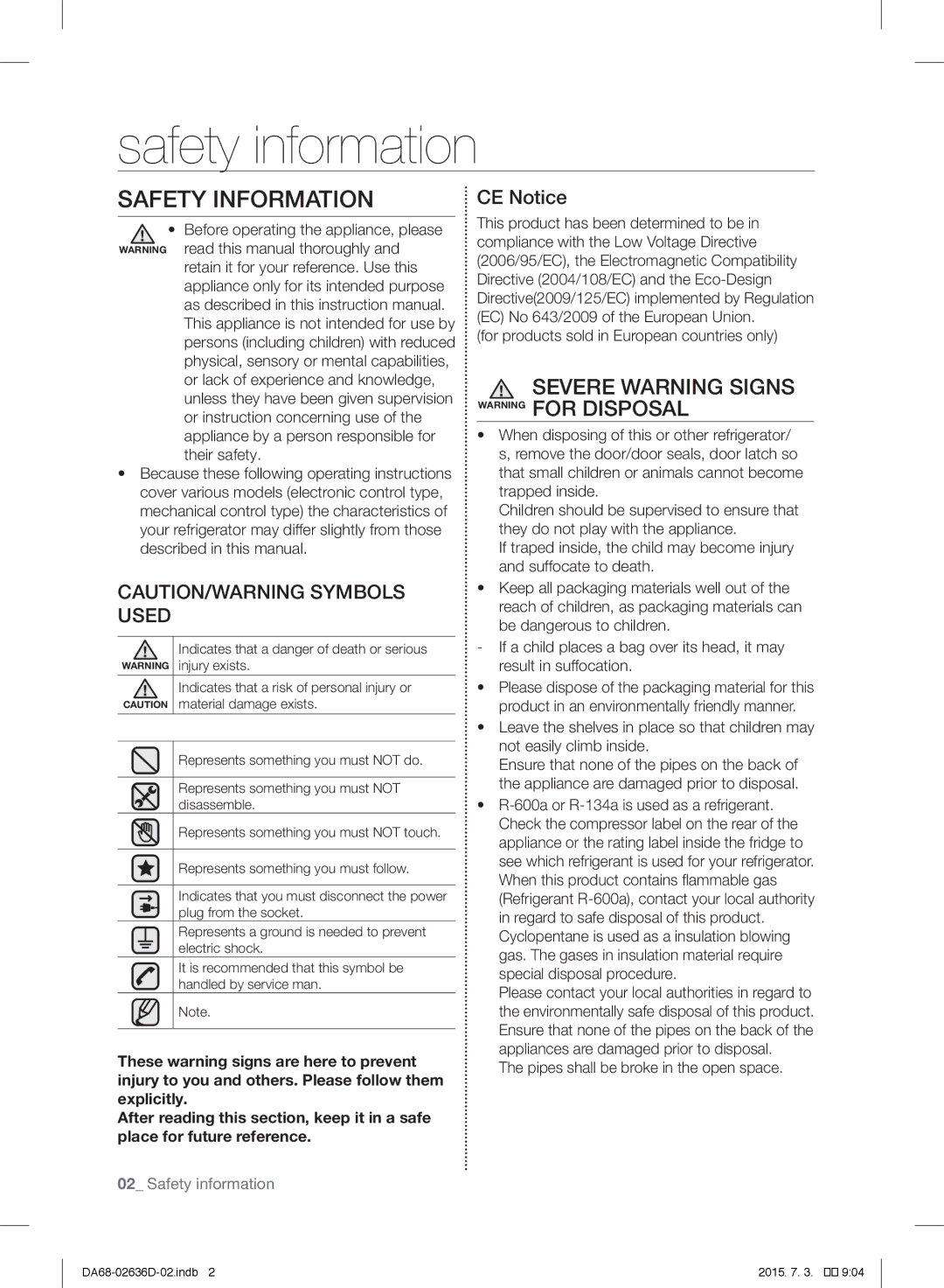 Samsung RT5562DTBWW/ML manual Safety information, Safety Information, Severe Warning Signs Warning for Disposal, CE Notice 