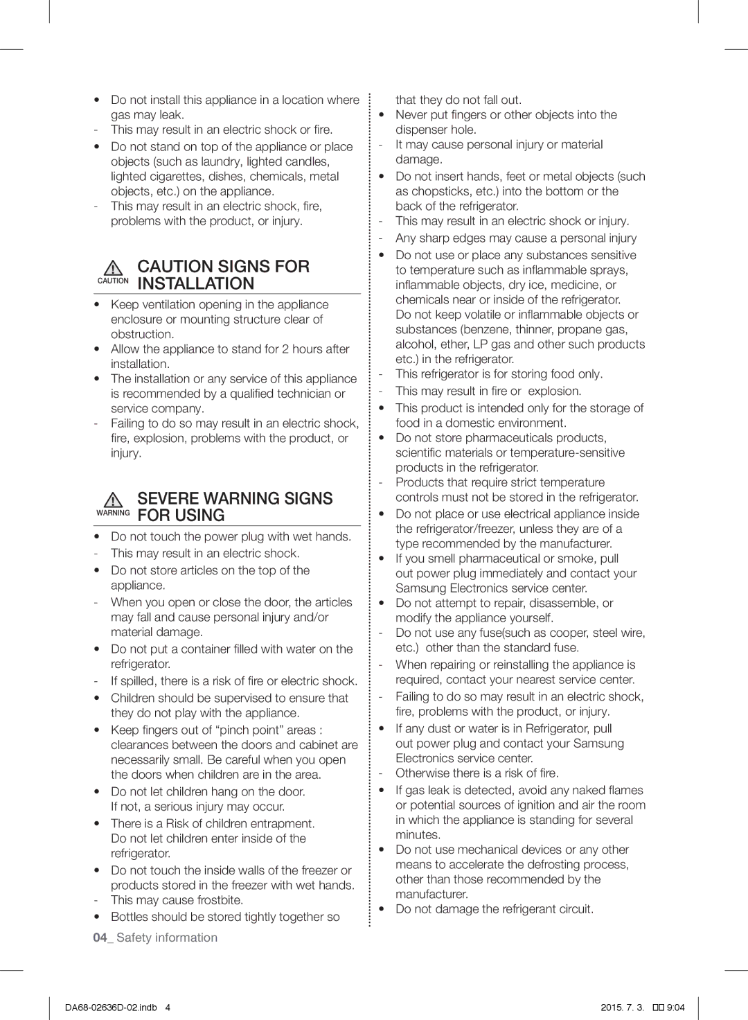 Samsung RT5962DTBSP/ML, RT5562DTBSP/ML manual Severe Warning Signs Warning for Using, Objects, etc. on the appliance 