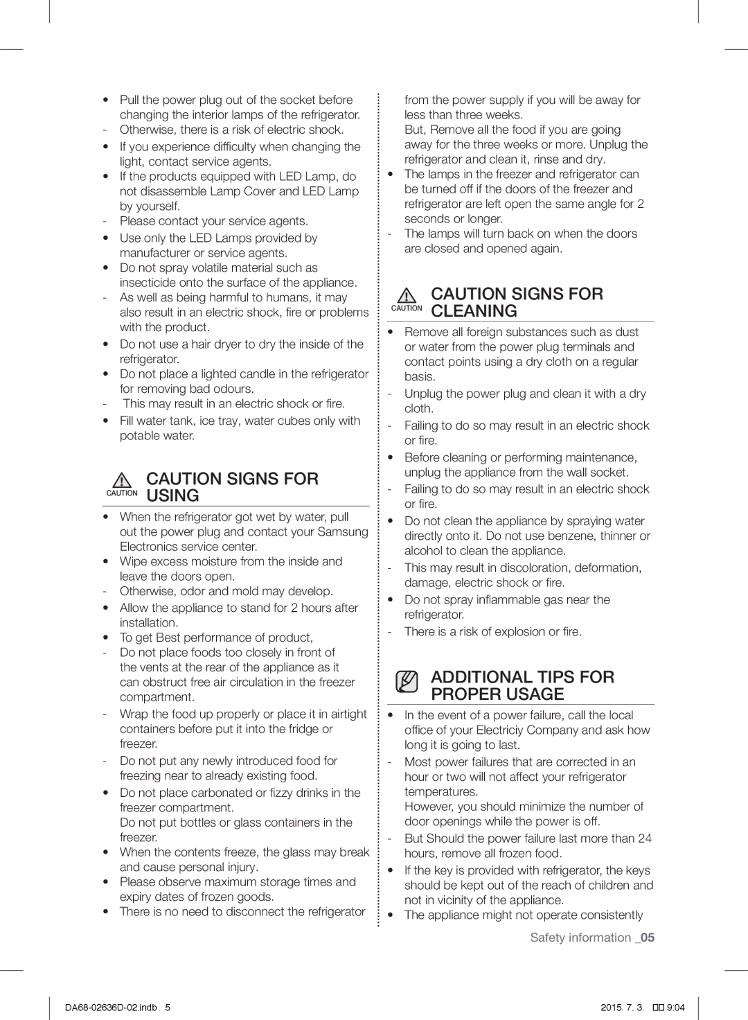 Samsung RT5562DTBSP/ML, RT5962DTBSP/ML, RT5562DTBWW/ML, RT5962DTBWW/ML manual Additional Tips for Proper Usage 