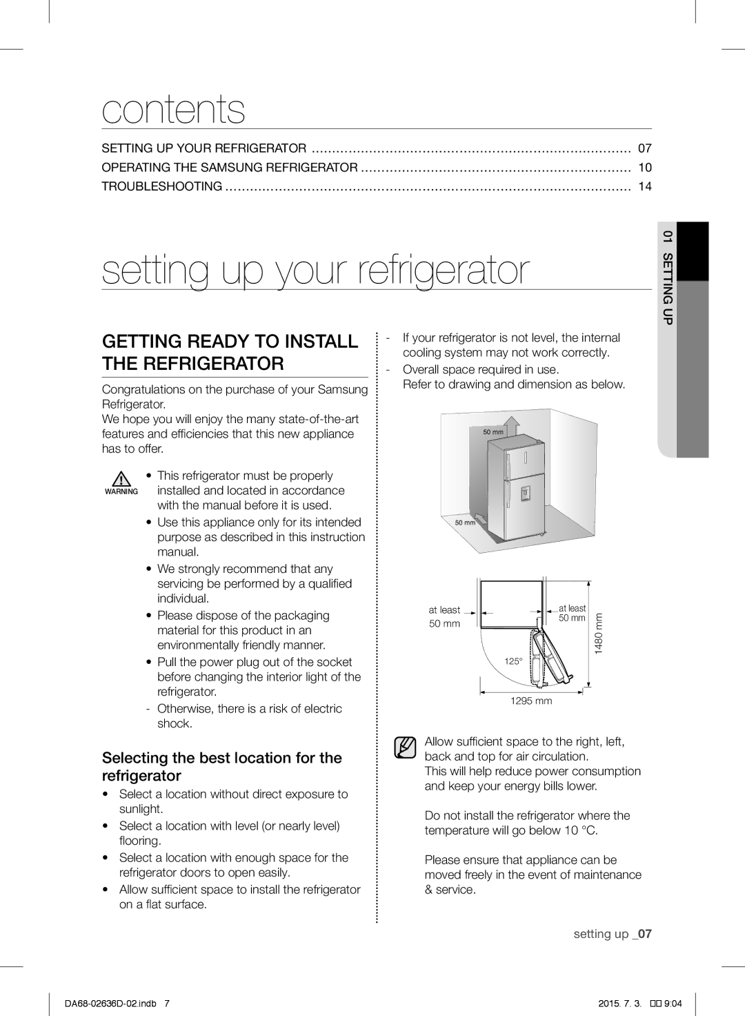 Samsung RT5962DTBWW/ML, RT5962DTBSP/ML, RT5562DTBSP/ML, RT5562DTBWW/ML manual Contents, Setting up your refrigerator 