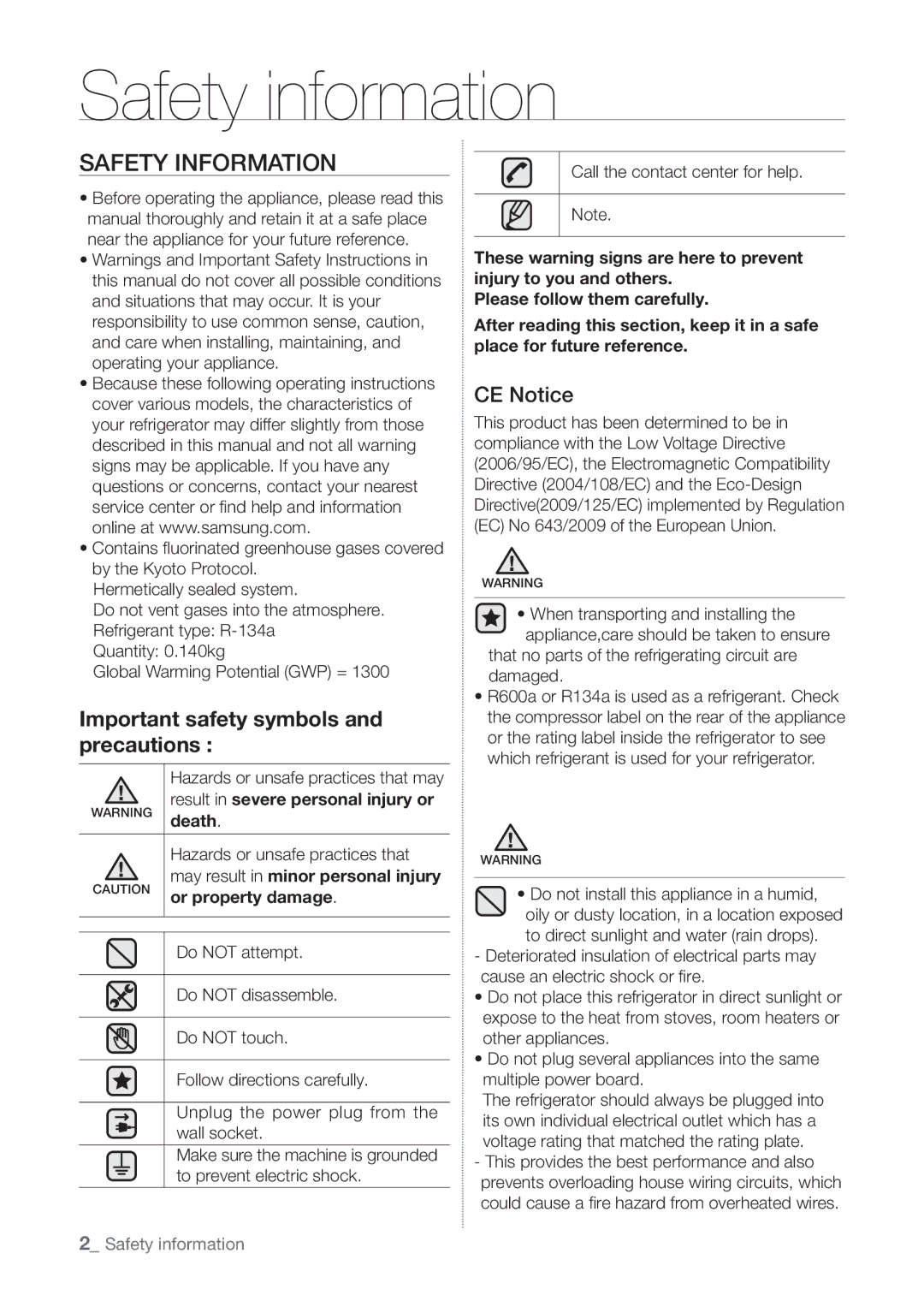 Samsung RT60KSRSL1/SML manual Safety information, Safety Information, CE Notice, Death, Or property damage 