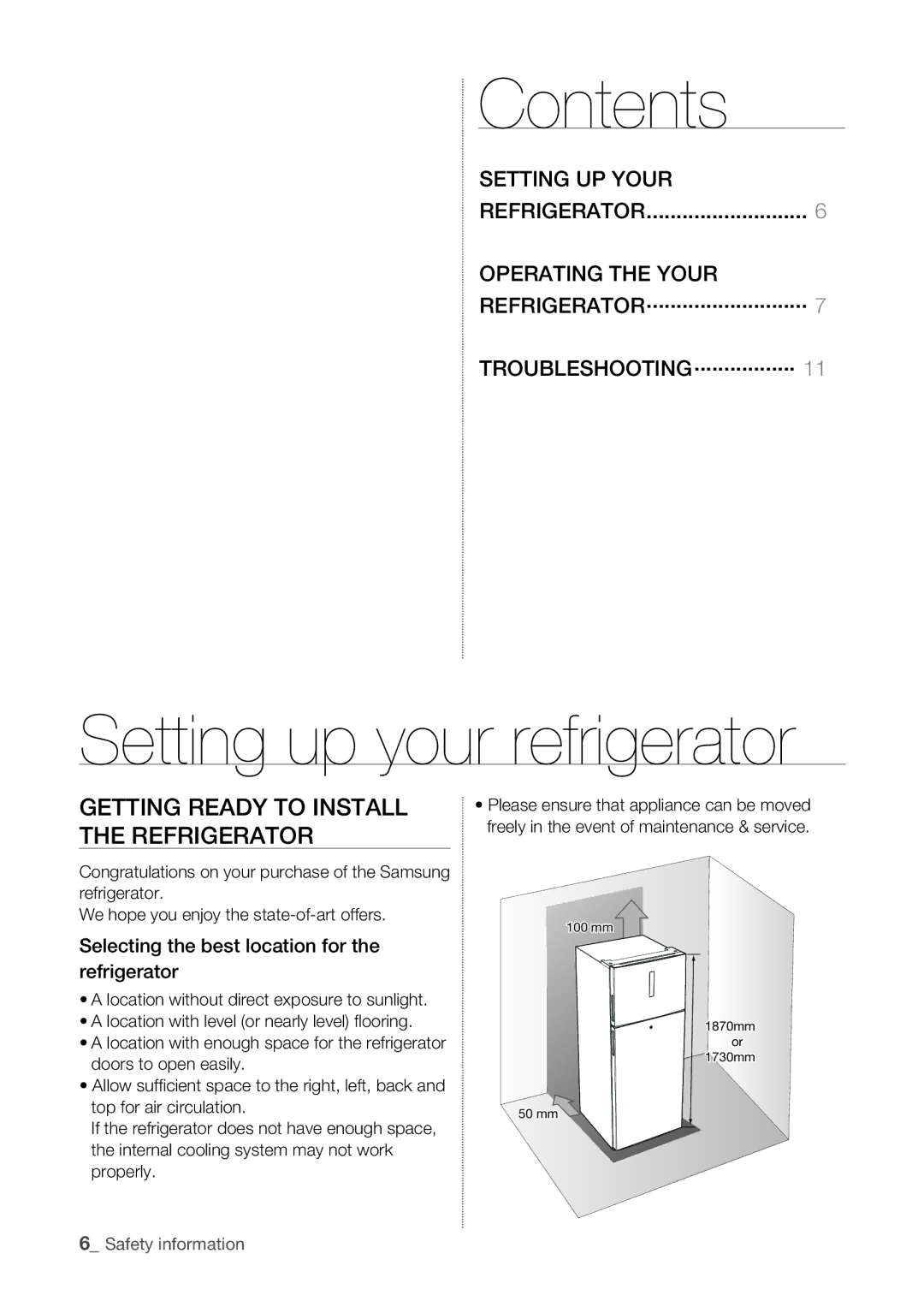 Samsung RT60KSRSL1/SML Contents, Setting up your refrigerator, Getting Ready to Install the Refrigerator, Setting UP Your 