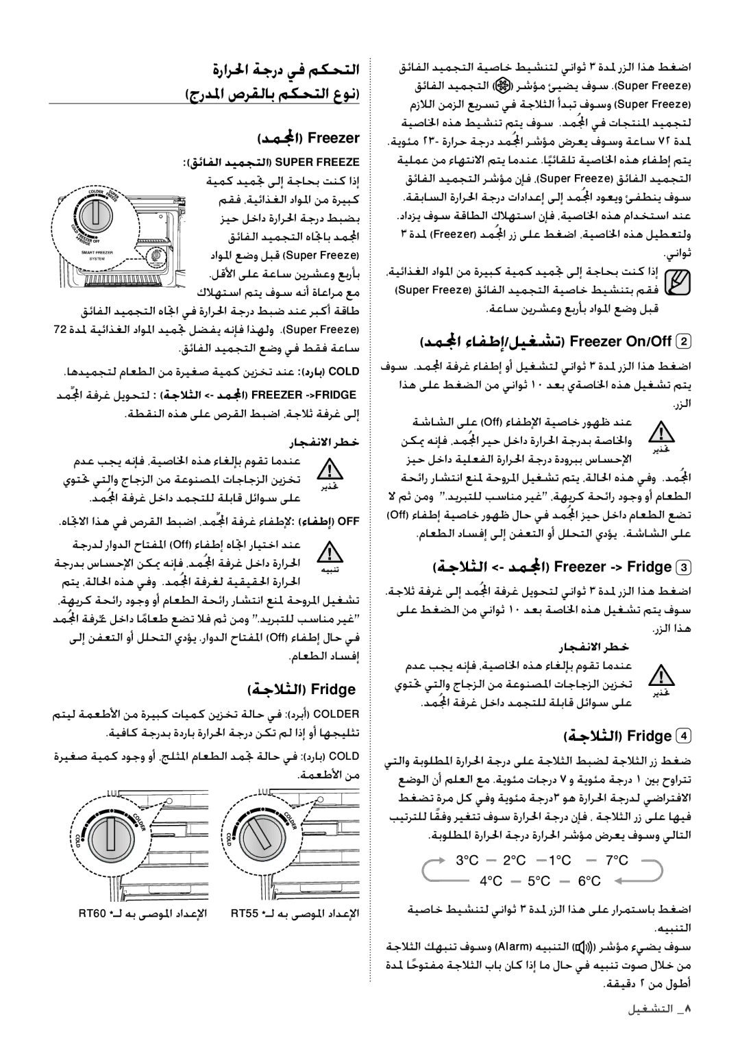 Samsung RT60KZRSL1/XSG, RT60KSRSW1/ZAM manual ةجلاثلا Fridge, دملمجا ءافطإ/ليغشت Freezer On/Off, راجفنلاا رطخ, التشغيل 