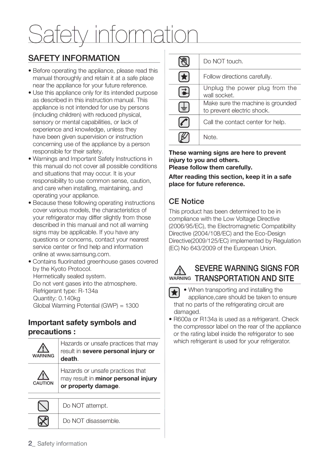 Samsung RT55KZRSL1/XSG, RT60KZRSL1/XSG manual Safety information, Safety Information, CE Notice, Death, Or property damage 