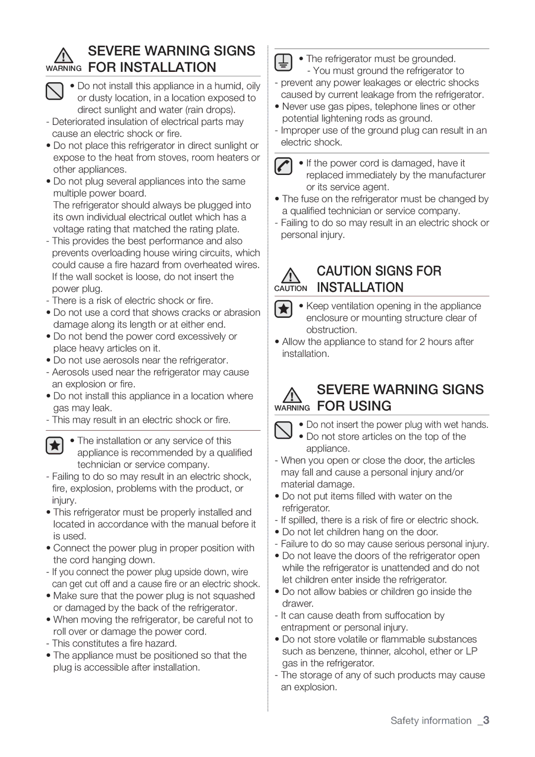 Samsung RT60KZRSL1/ZAM manual Severe Warning Signs Warning for Installation, Severe Warning Signs Warning for Using 