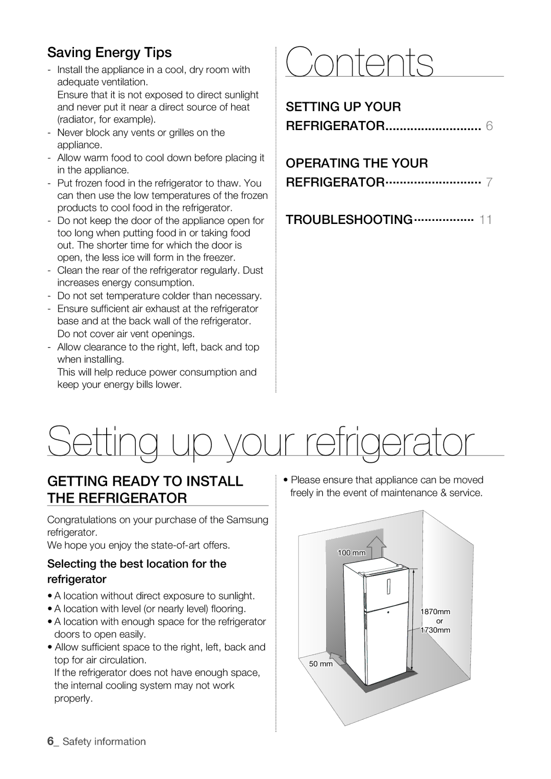 Samsung RT55KZRSL1/XSG, RT60KZRSL1/XSG Contents, Setting up your refrigerator, Getting Ready to Install the Refrigerator 