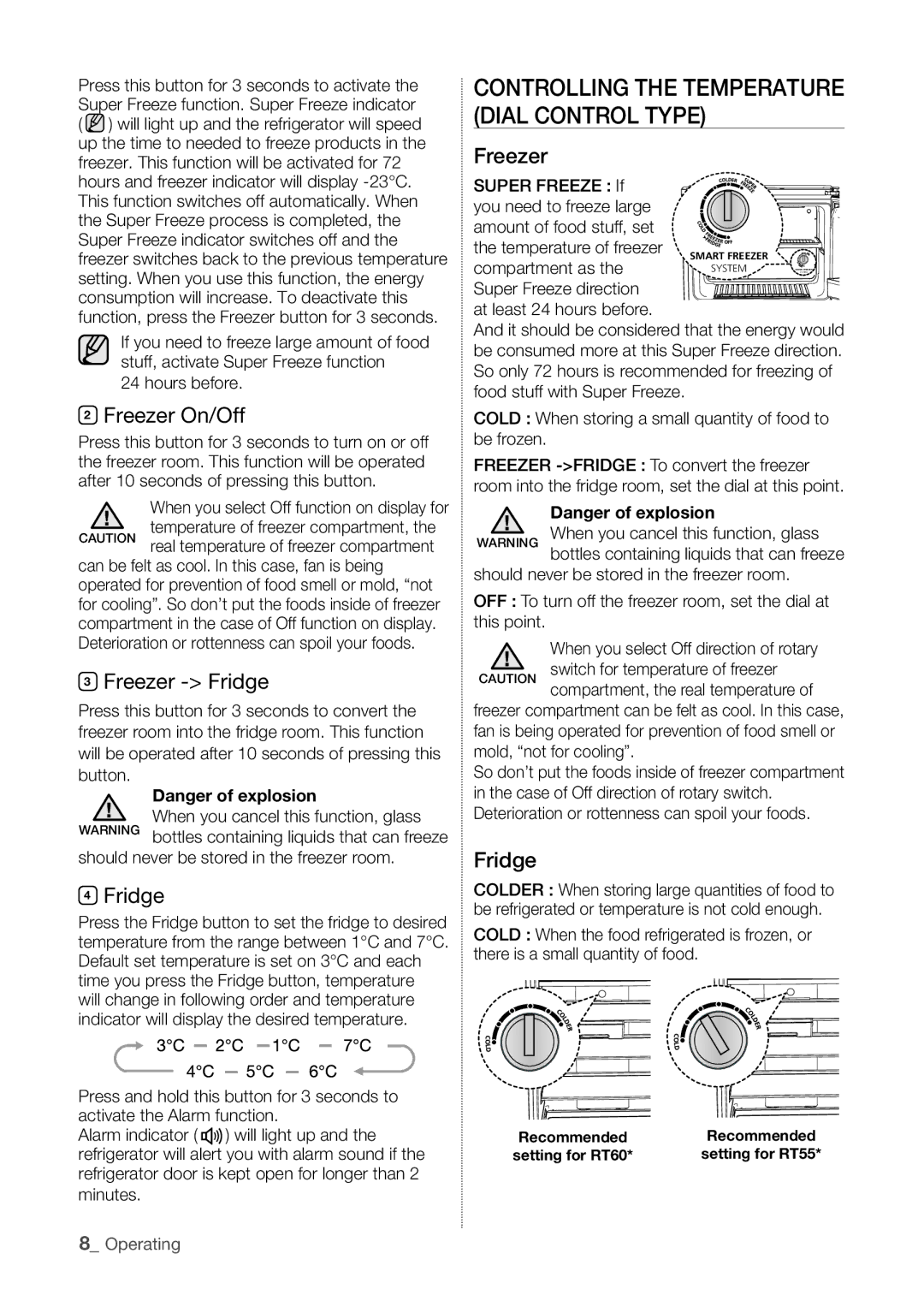 Samsung RT60KZRSL1/XSG, RT60KSRSW1/ZAM manual Freezer On/Off, Freezer Fridge, Controlling the Temperature Dial Control Type 