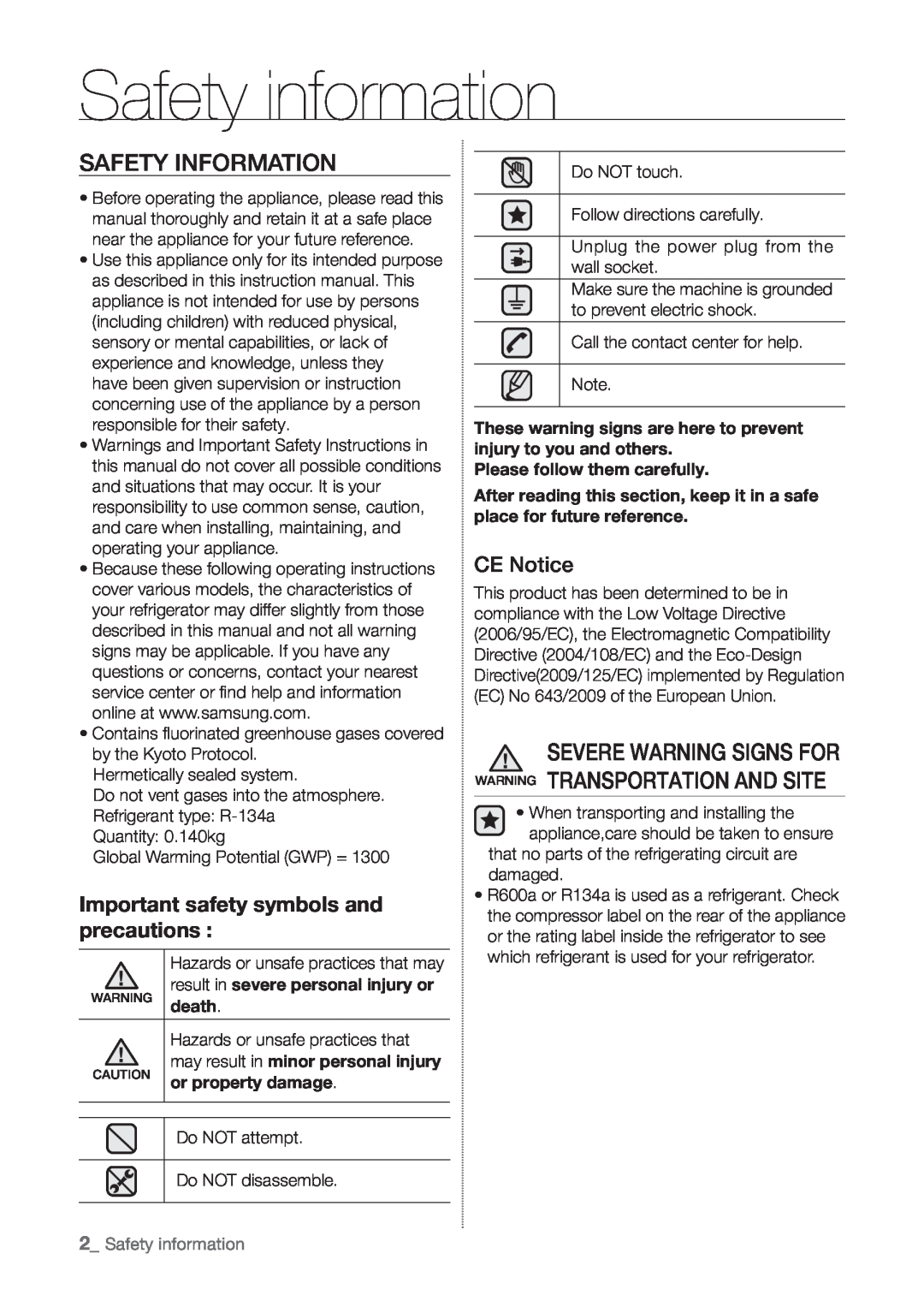 Samsung RT55KZRSL1/XSG Safety information, Safety Information, Important safety symbols and precautions, CE Notice, death 