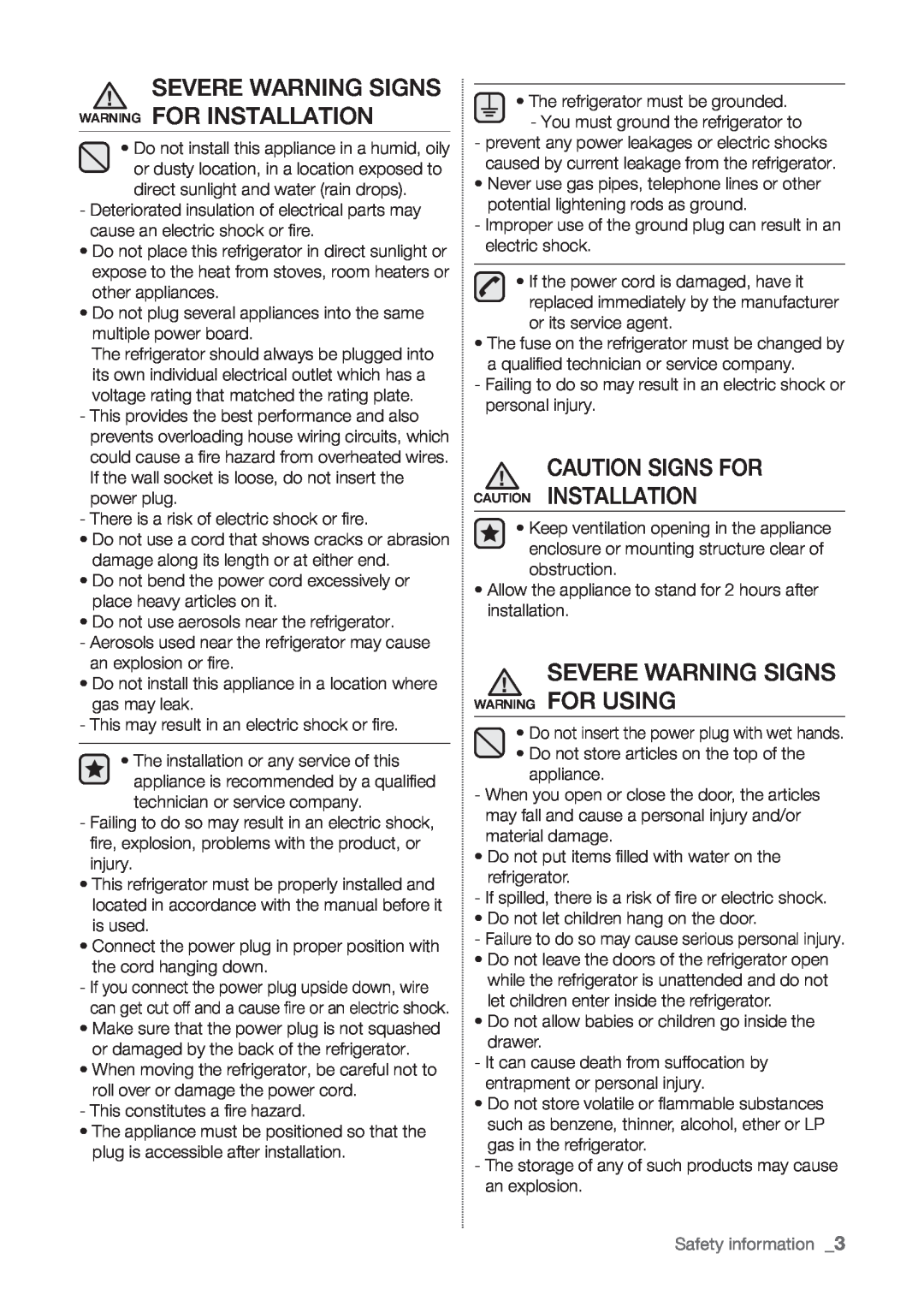 Samsung RT60KZRSL1/ZAM manual Severe Warning Signs Warning For Installation, Caution Signs For Caution Installation 
