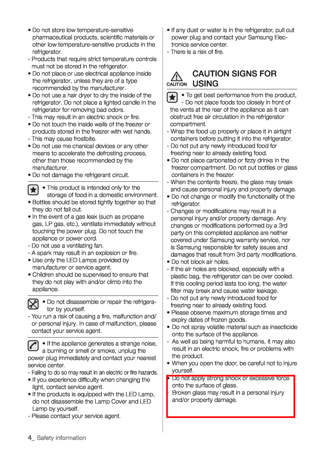 Samsung RT60KZRSL1/XSG, RT60KSRSW1/ZAM, RT55KZRSL1/XSG, RT60KZRSL1/ZAM manual Caution Signs For, Safety information 