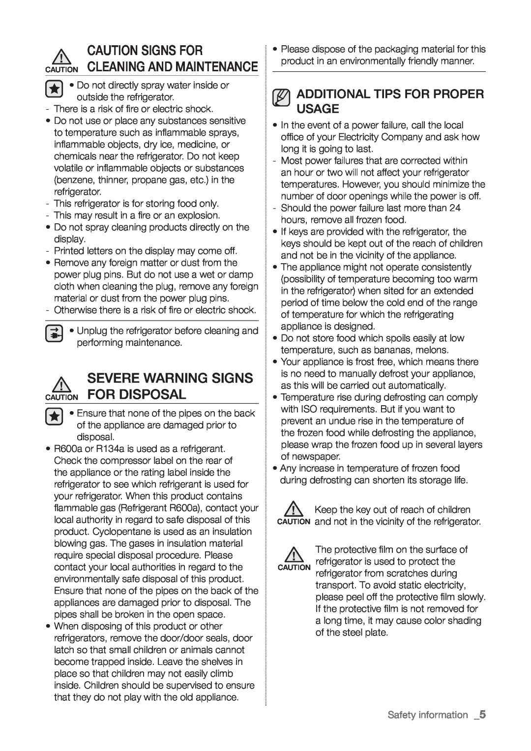 Samsung RT60KSRSW1/ZAM Severe Warning Signs Caution For Disposal, Caution Cleaning And Maintenance, Caution Signs For 