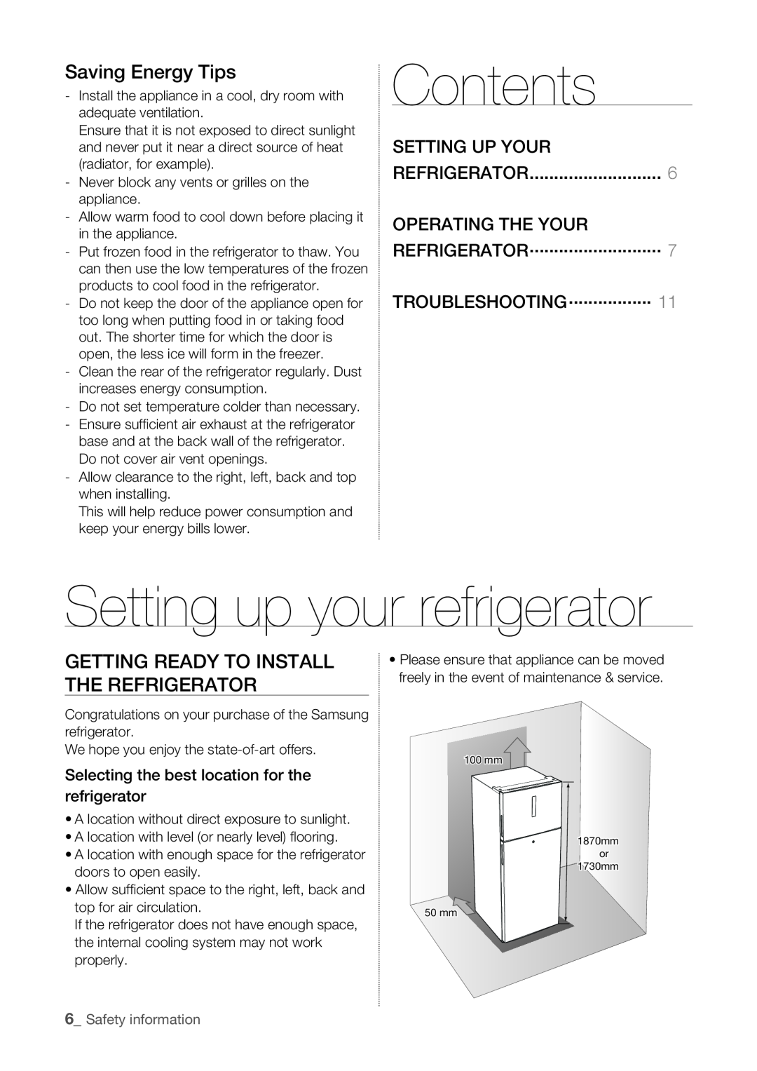 Samsung RT55KZRSL1/XSG Contents, Setting up your refrigerator, Saving Energy Tips, Troubleshooting, Safety information 