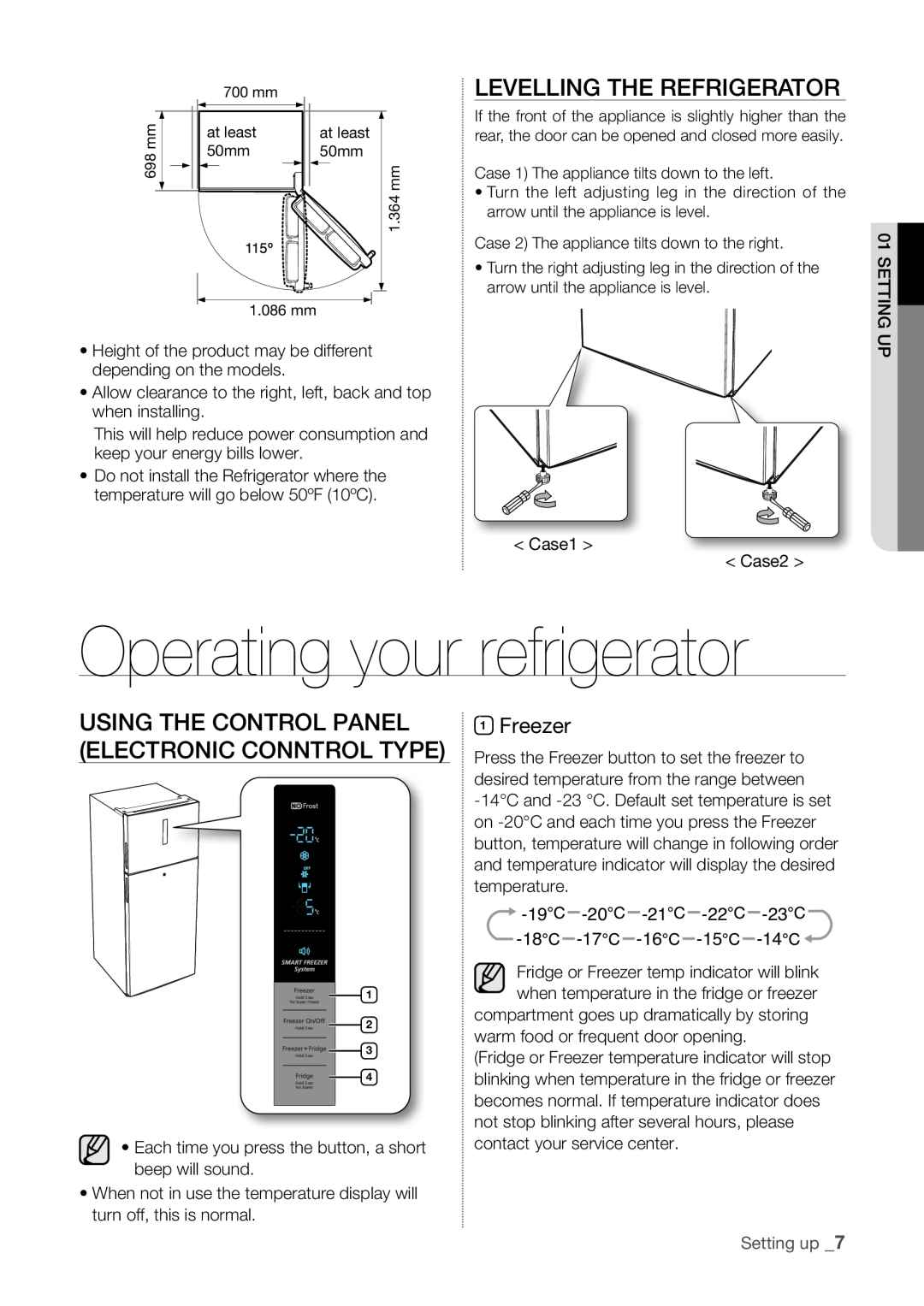 Samsung RT60KZRSL1/ZAM Levelling The Refrigerator, Using The Control Panel Electronic Conntrol Type, Freezer, Setting up 