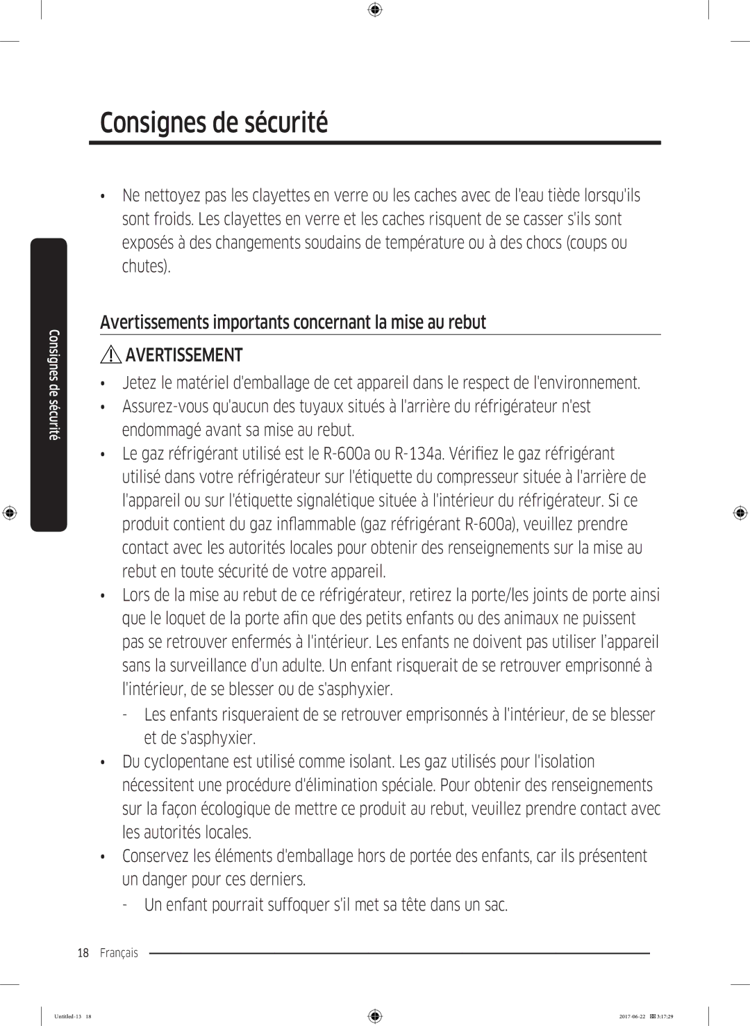 Samsung RT62K7110S9/EF, RT58K7100S9/EF manual Avertissements importants concernant la mise au rebut 