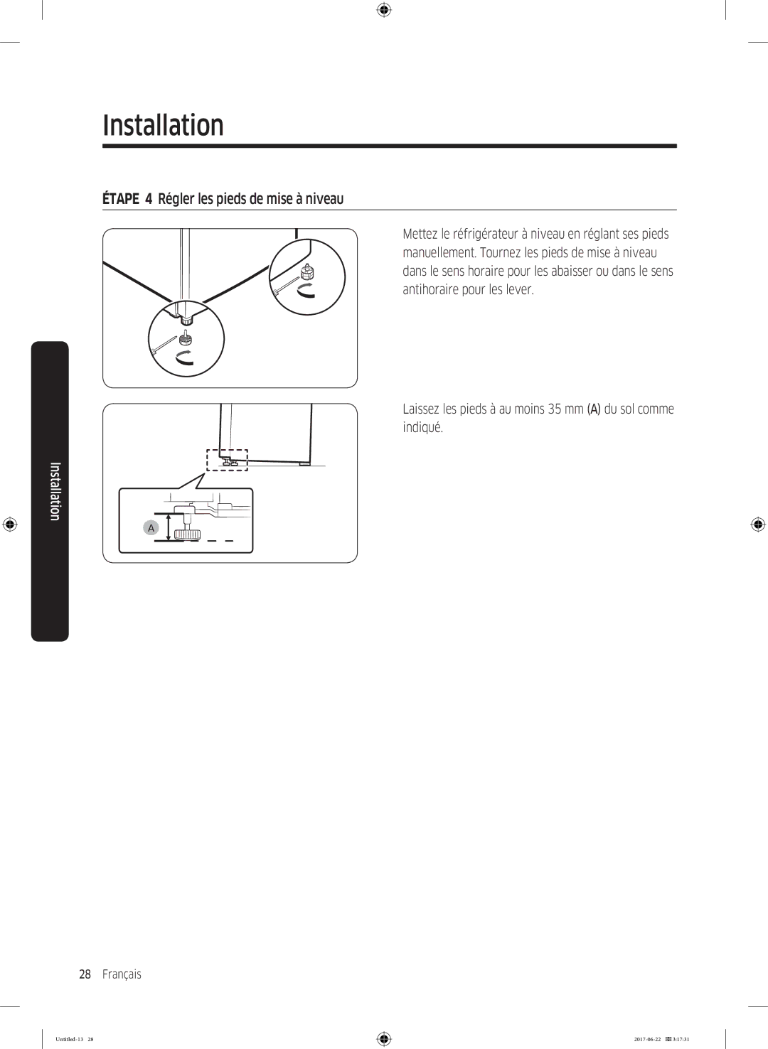 Samsung RT62K7110S9/EF, RT58K7100S9/EF manual Étape 4 Régler les pieds de mise à niveau 