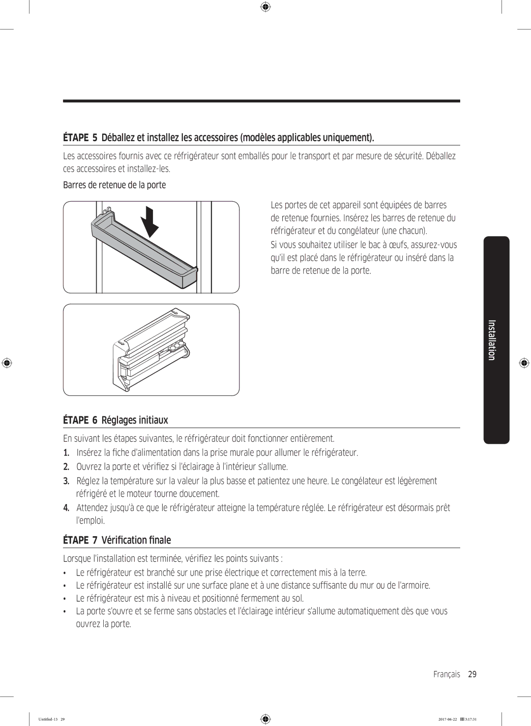 Samsung RT58K7100S9/EF, RT62K7110S9/EF manual Étape 6 Réglages initiaux, Étape 7 Vérification finale 