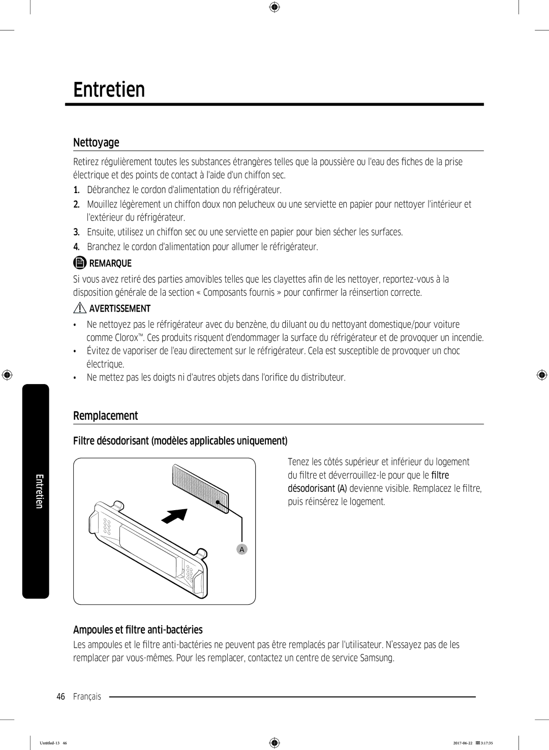 Samsung RT62K7110S9/EF, RT58K7100S9/EF manual Nettoyage, Remplacement, Filtre désodorisant modèles applicables uniquement 