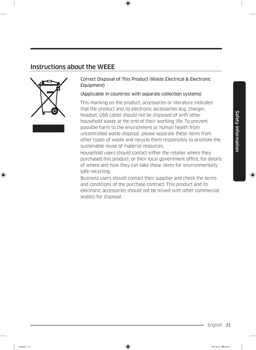 Samsung RT62K7050SL/ZA, RT62K7110SL/SG, RT58K7030WW/ZA, RT62K7030WW/ZA, RT58K7050SL/ZA manual Instructions about the Weee 