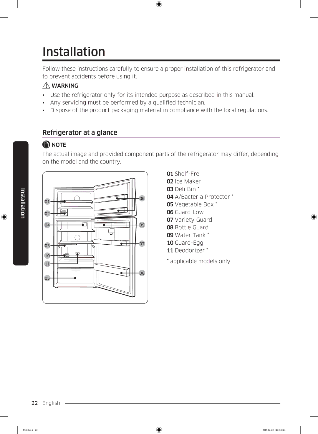 Samsung RT58K7050SL/ZA, RT62K7110SL/SG, RT58K7030WW/ZA, RT62K7030WW/ZA, RT62K7050SL/ZA Installation, Refrigerator at a glance 