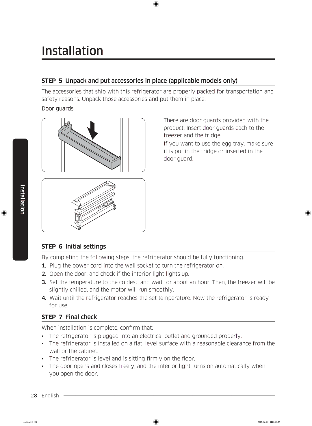 Samsung RT58K7050SL/ZA manual Unpack and put accessories in place applicable models only, Initial settings, Final check 