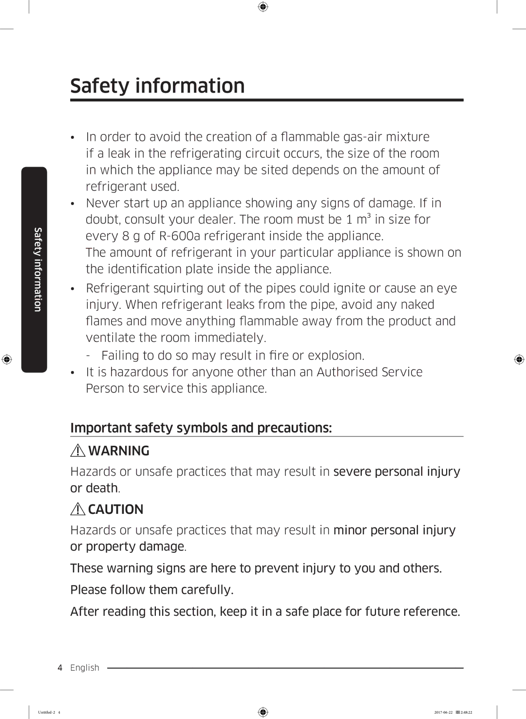 Samsung RT58K7050SL/ZA, RT62K7110SL/SG, RT58K7030WW/ZA, RT62K7030WW/ZA manual Important safety symbols and precautions 