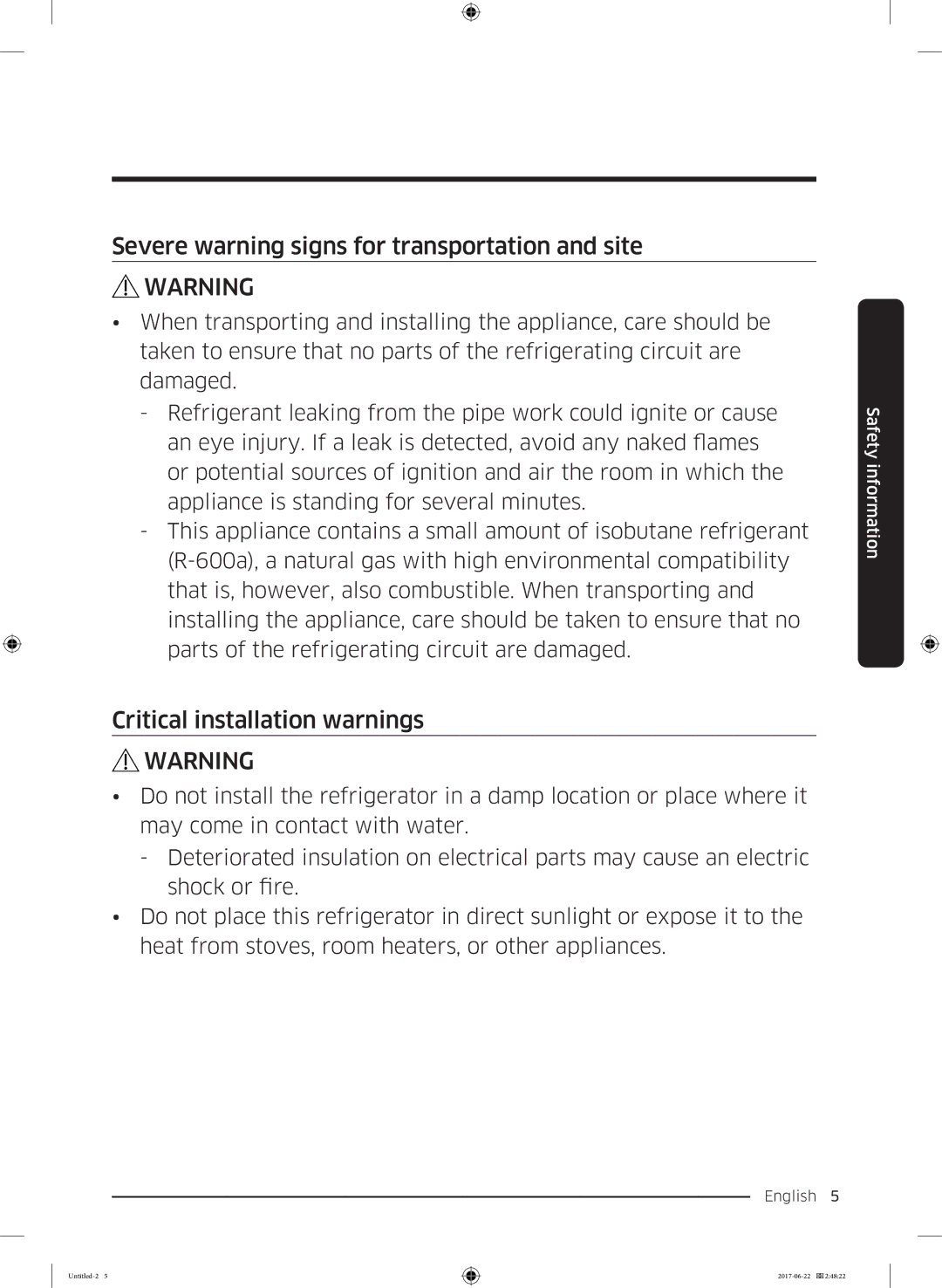 Samsung RT62K7050BS/ZA, RT62K7110SL/SG Severe warning signs for transportation and site, Critical installation warnings 