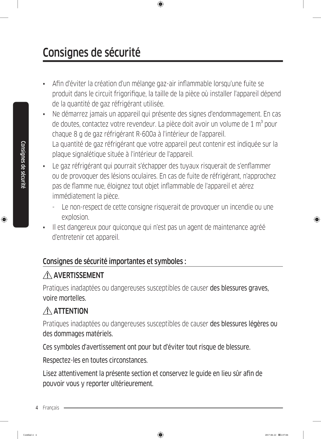 Samsung RT58K7050SL/ZA, RT62K7110SL/SG, RT58K7030WW/ZA manual Consignes de sécurité importantes et symboles, Avertissement 