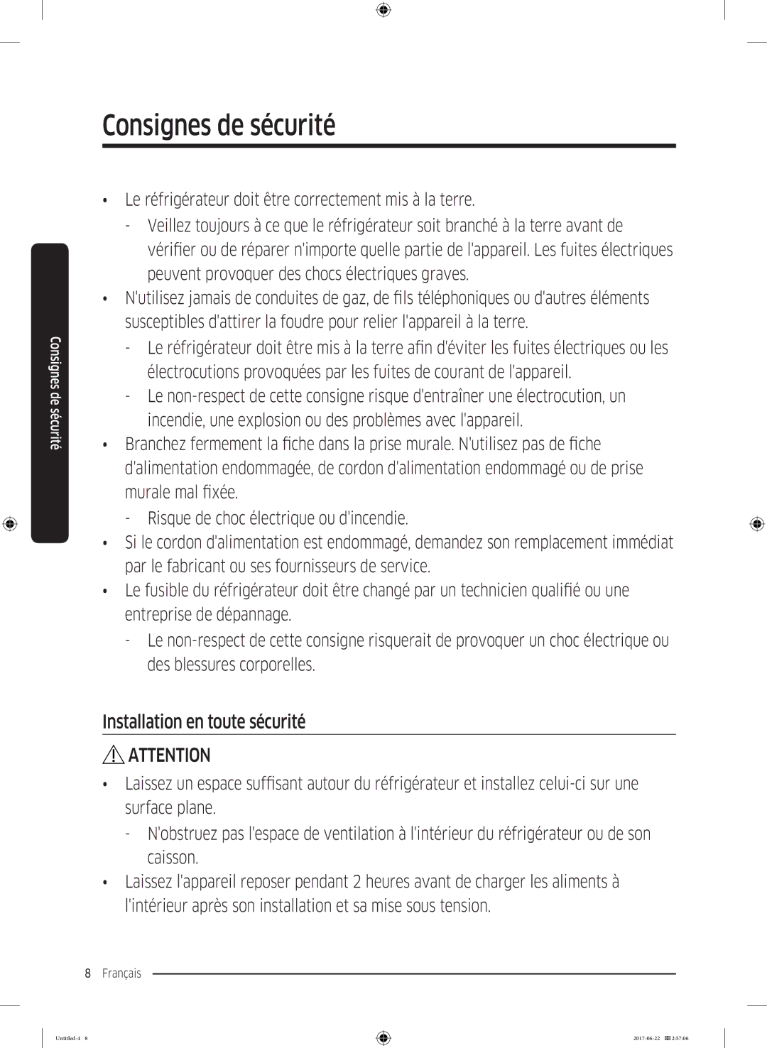 Samsung RT62K7030WW/ZA, RT62K7110SL/SG, RT58K7030WW/ZA, RT62K7050SL/ZA, RT58K7050SL/ZA manual Installation en toute sécurité 