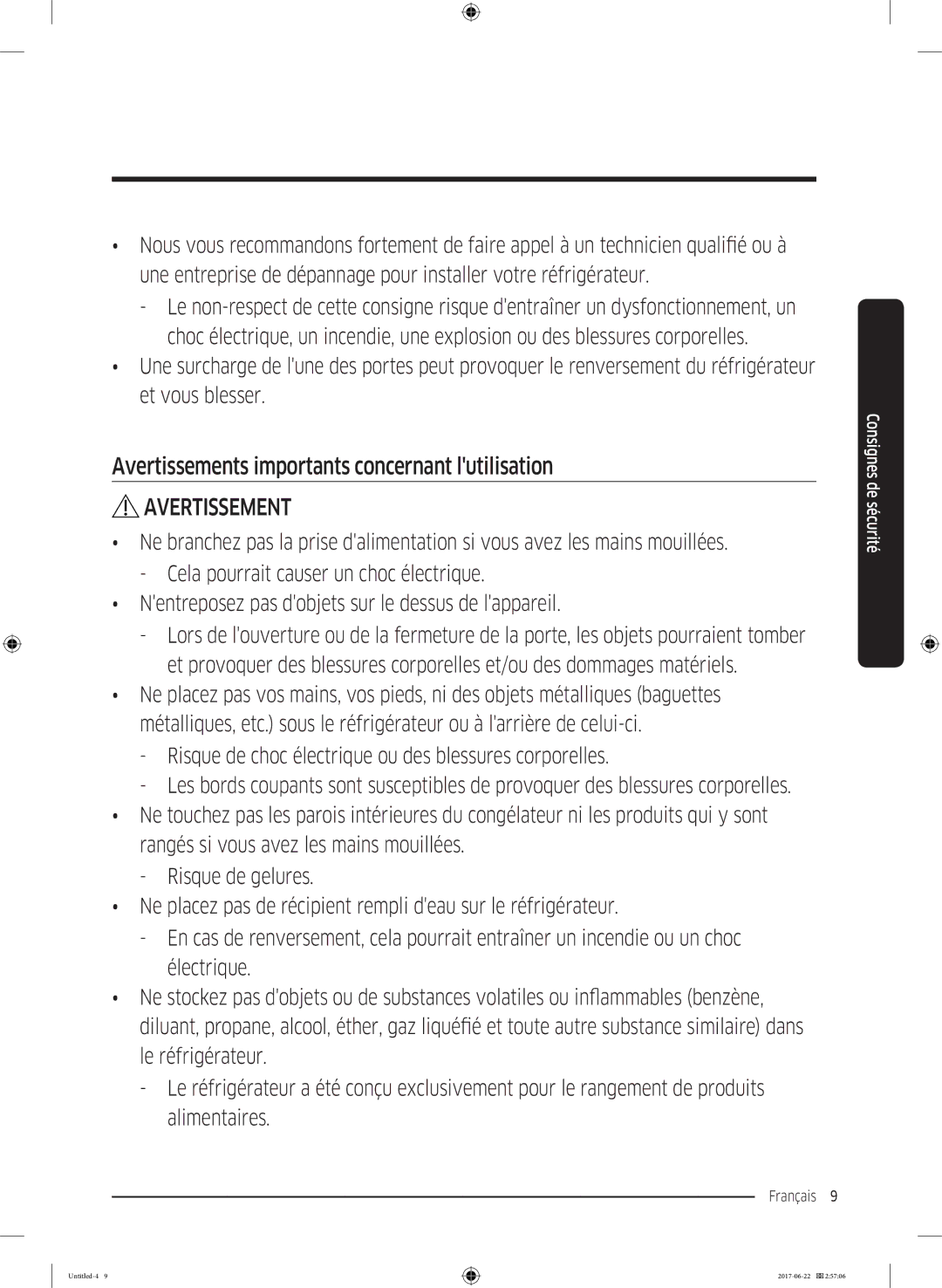 Samsung RT62K7050SL/ZA, RT62K7110SL/SG, RT58K7030WW/ZA, RT62K7030WW/ZA Avertissements importants concernant lutilisation 