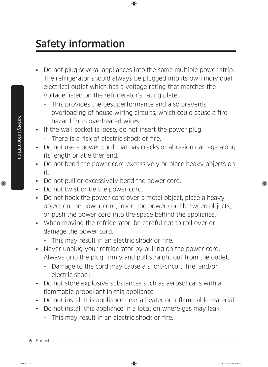 Samsung RT62K7110SL/SG, RT58K7030WW/ZA, RT62K7030WW/ZA, RT62K7050SL/ZA, RT58K7050SL/ZA, RT62K7050BS/ZA manual Safety information 