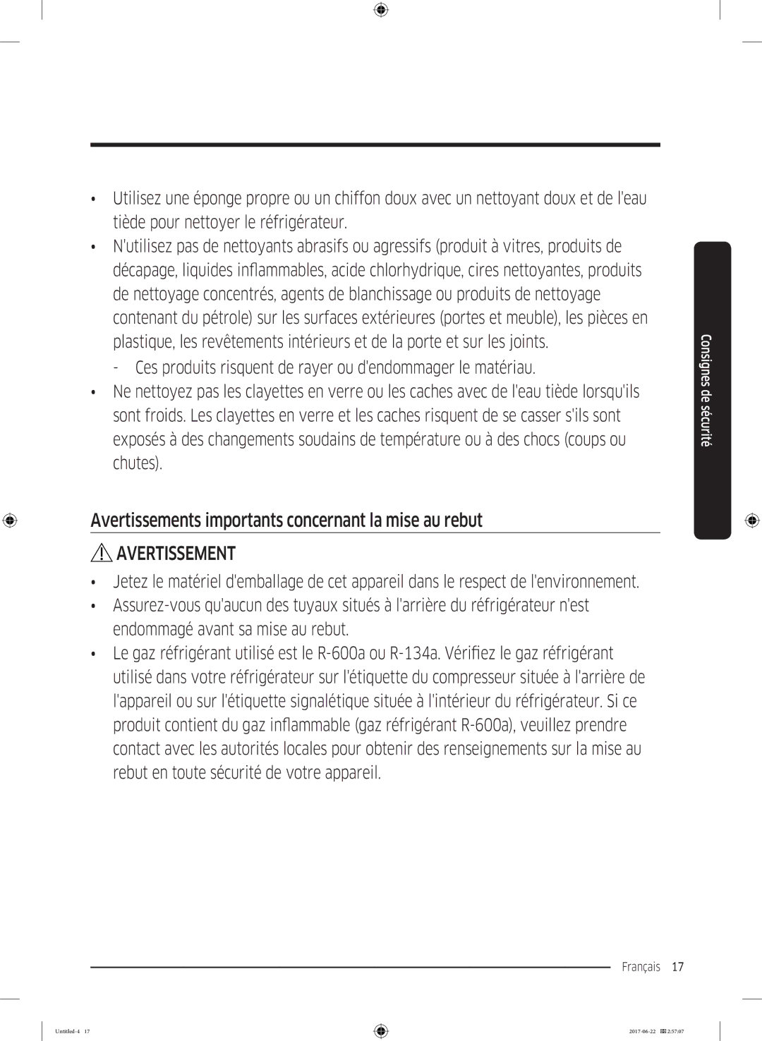 Samsung RT62K7050BS/ZA, RT62K7110SL/SG, RT58K7030WW/ZA, RT62K7030WW/ZA Avertissements importants concernant la mise au rebut 