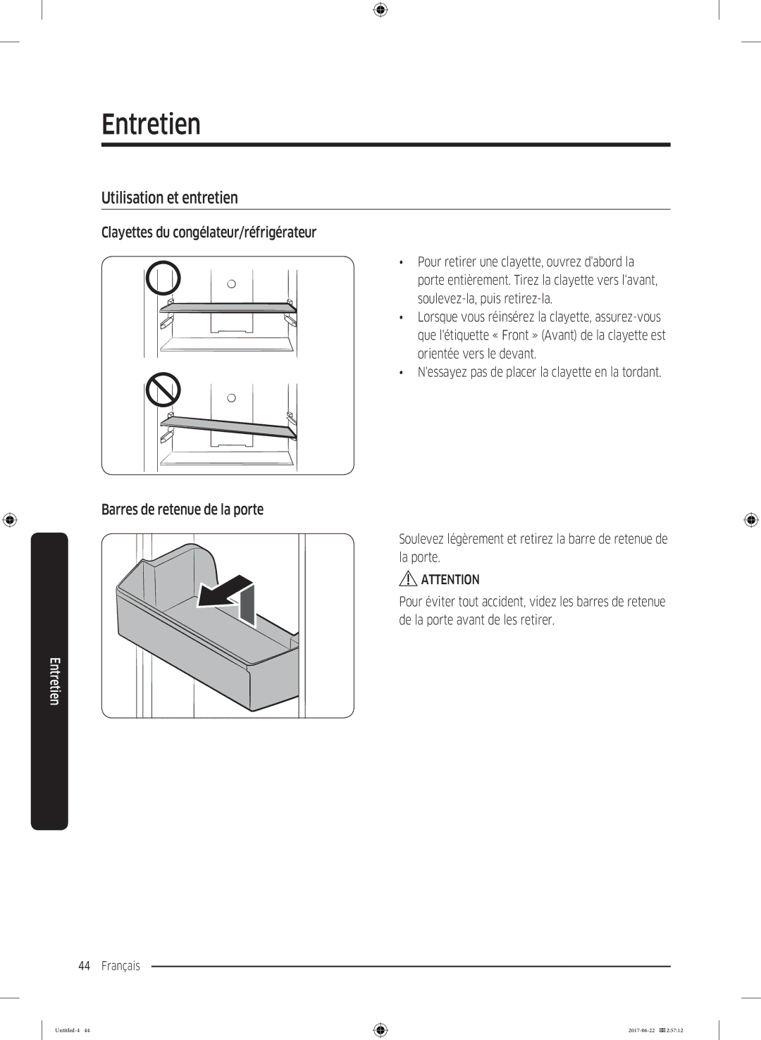 Samsung RT62K7030WW/ZA Utilisation et entretien, Clayettes du congélateur/réfrigérateur, Barres de retenue de la porte 