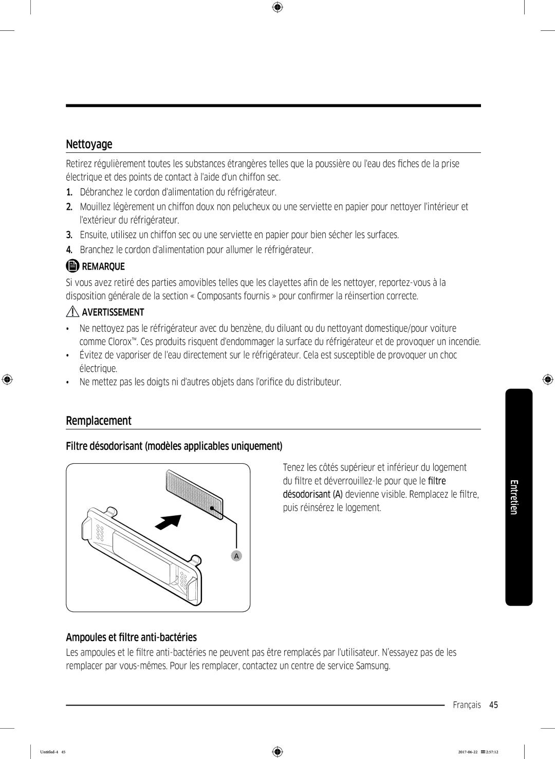 Samsung RT62K7050SL/ZA, RT62K7110SL/SG manual Nettoyage, Remplacement, Filtre désodorisant modèles applicables uniquement 