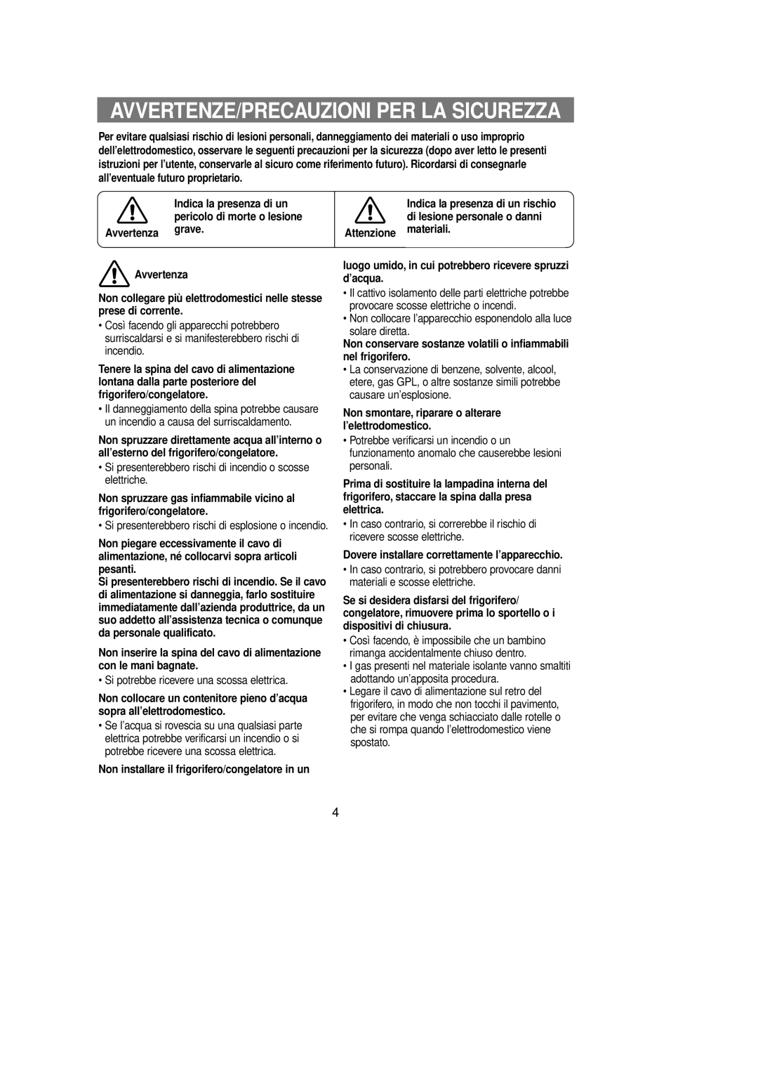 Samsung RT53ECMT1/XET, RT62KAMT1/XEF, RT62KCSM1/XET Avvertenza grave, Non smontare, riparare o alterare l’elettrodomestico 