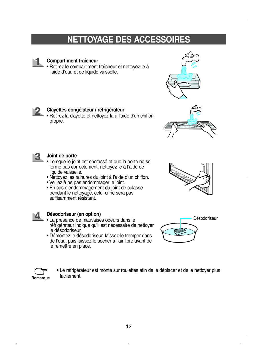 Samsung RT62WAMT1/XEF manual Nettoyage DES Accessoires, Compartiment fraîcheur, Clayettes congélateur / réfrigérateur 