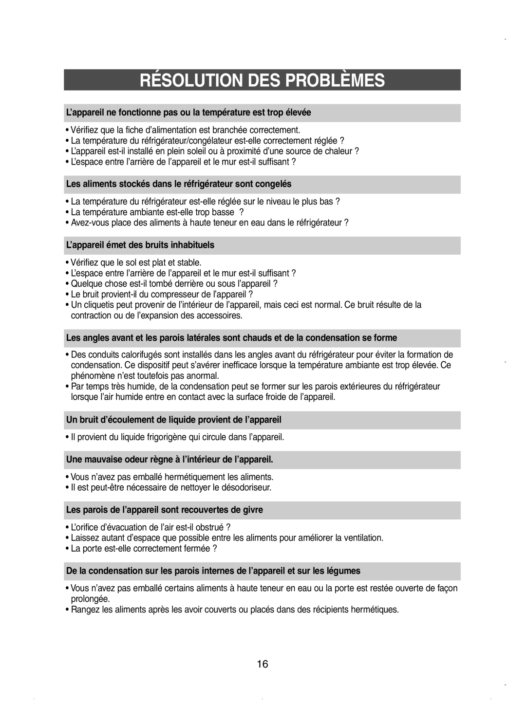 Samsung RT58WASM1/XEF, RT62VASM1/XEF, RT58EASW1/XEF, RT62WAMT1/XEF, RT58WASW1/XEF, RT58WAMT1/XEF manual Résolution DES Problèmes 