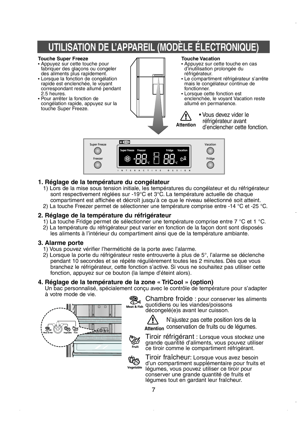 Samsung RT58WASM1/XEF Réglage de la température du congélateur, Réglage de la température du réfrigérateur, Alarme porte 