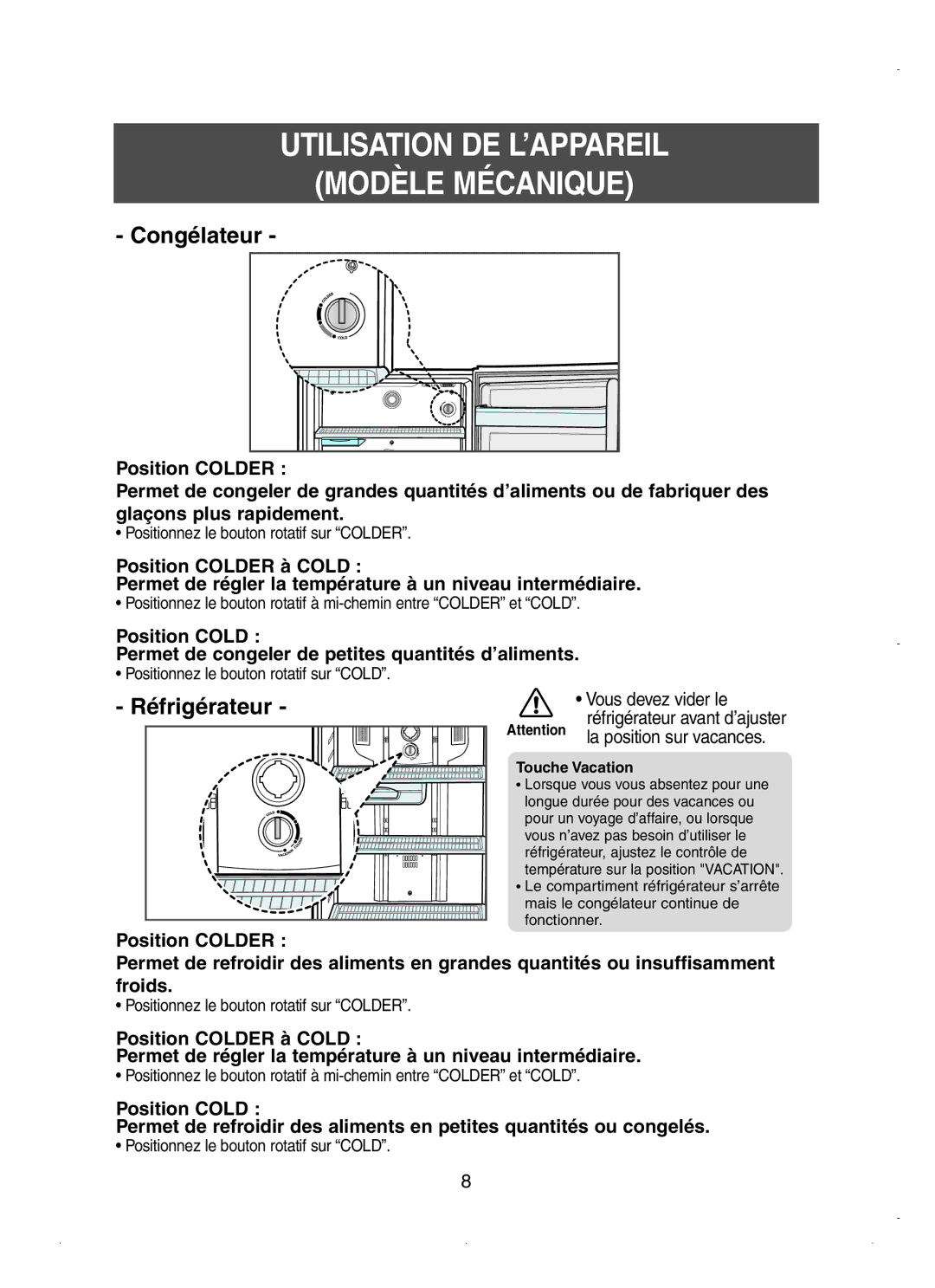 Samsung RT62KASW1/XEF, RT62VASM1/XEF, RT58EASW1/XEF, RT62WAMT1/XEF Utilisation DE L’APPAREIL Modèle Mécanique, Congélateur 