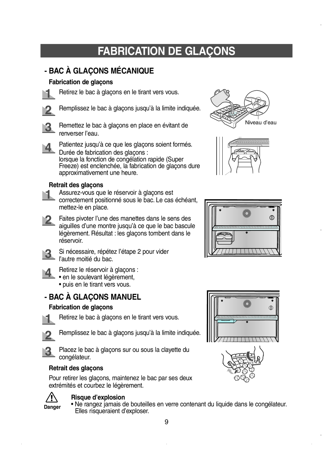 Samsung RT58EASM1/XEF manual Fabrication DE Glaçons, Fabrication de glaçons, Retrait des glaçons, Risque d’explosion 