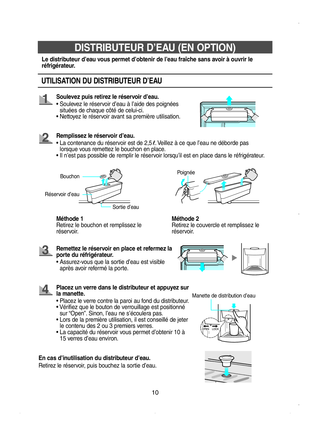 Samsung RT62VASM1/XEF, RT58EASW1/XEF manual Distributeur D’EAU EN Option, Soulevez puis retirez le réservoir d’eau, Méthode 