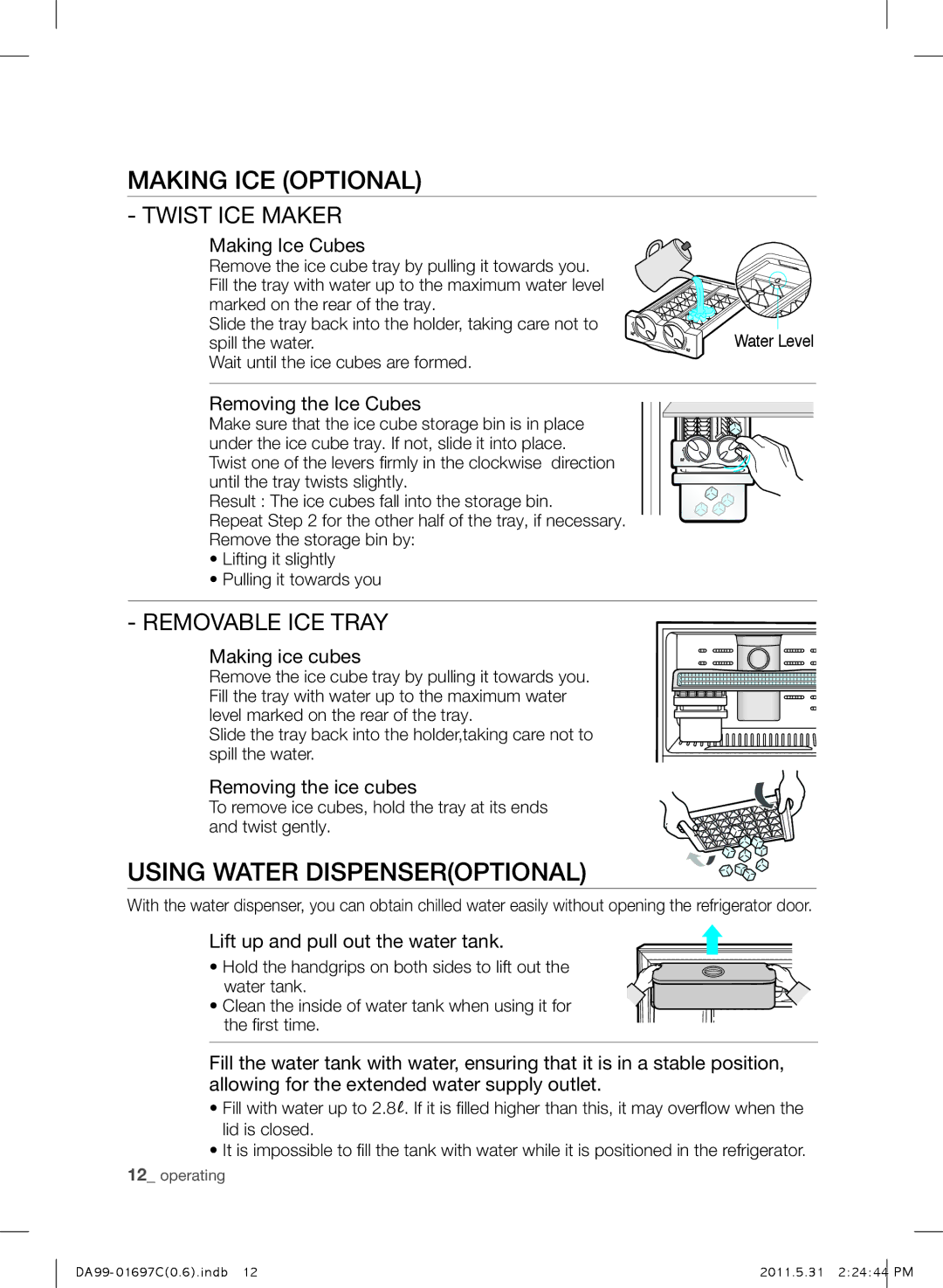 Samsung RT77BBTS1/ELA manual Using Water Dispenseroptional, Making ICE Optional Twist ICE Maker, Removable ICE Tray 