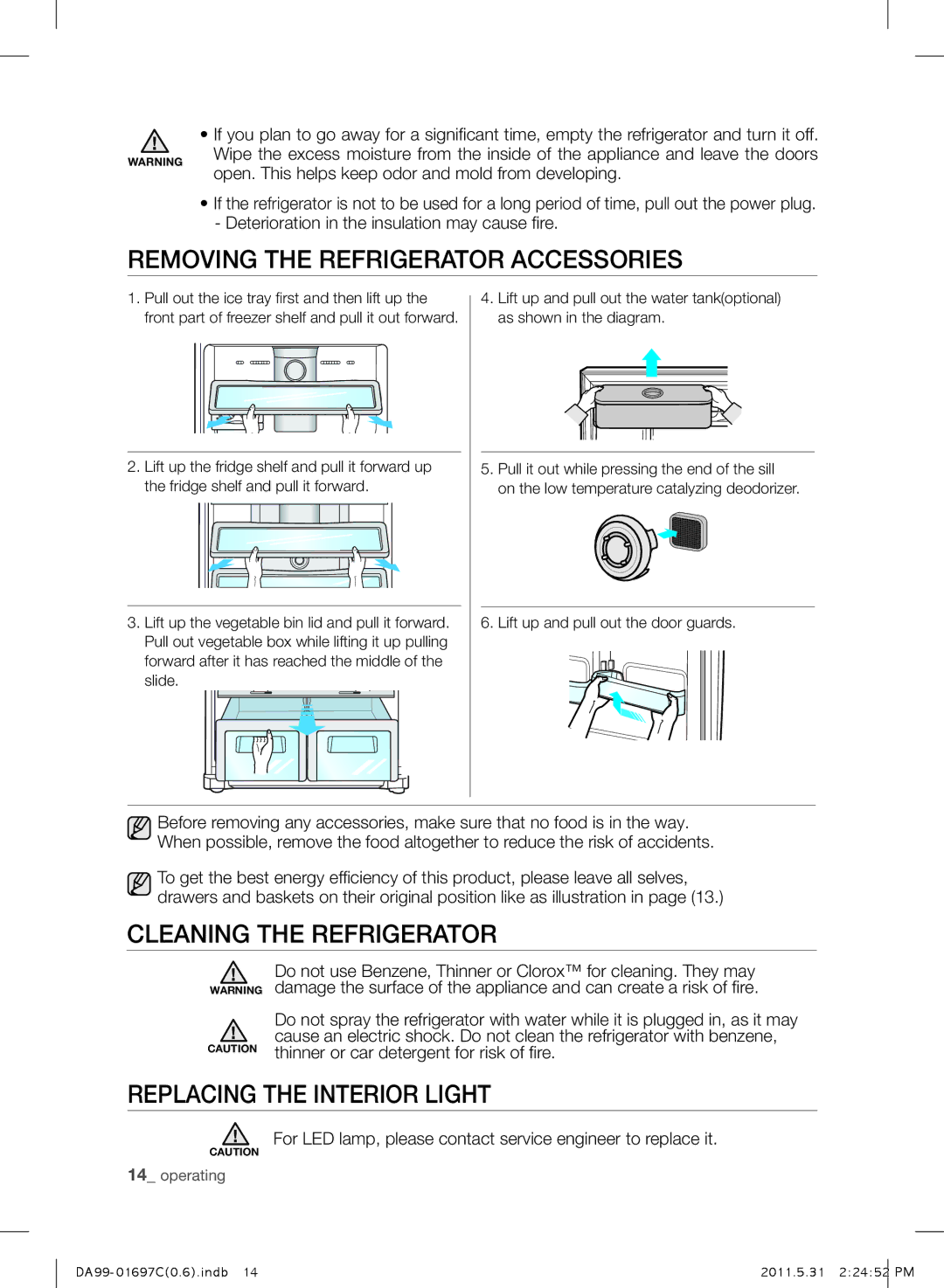 Samsung RT77SASW1/JUM manual Removing the Refrigerator Accessories, Cleaning the Refrigerator, Replacing the Interior Light 