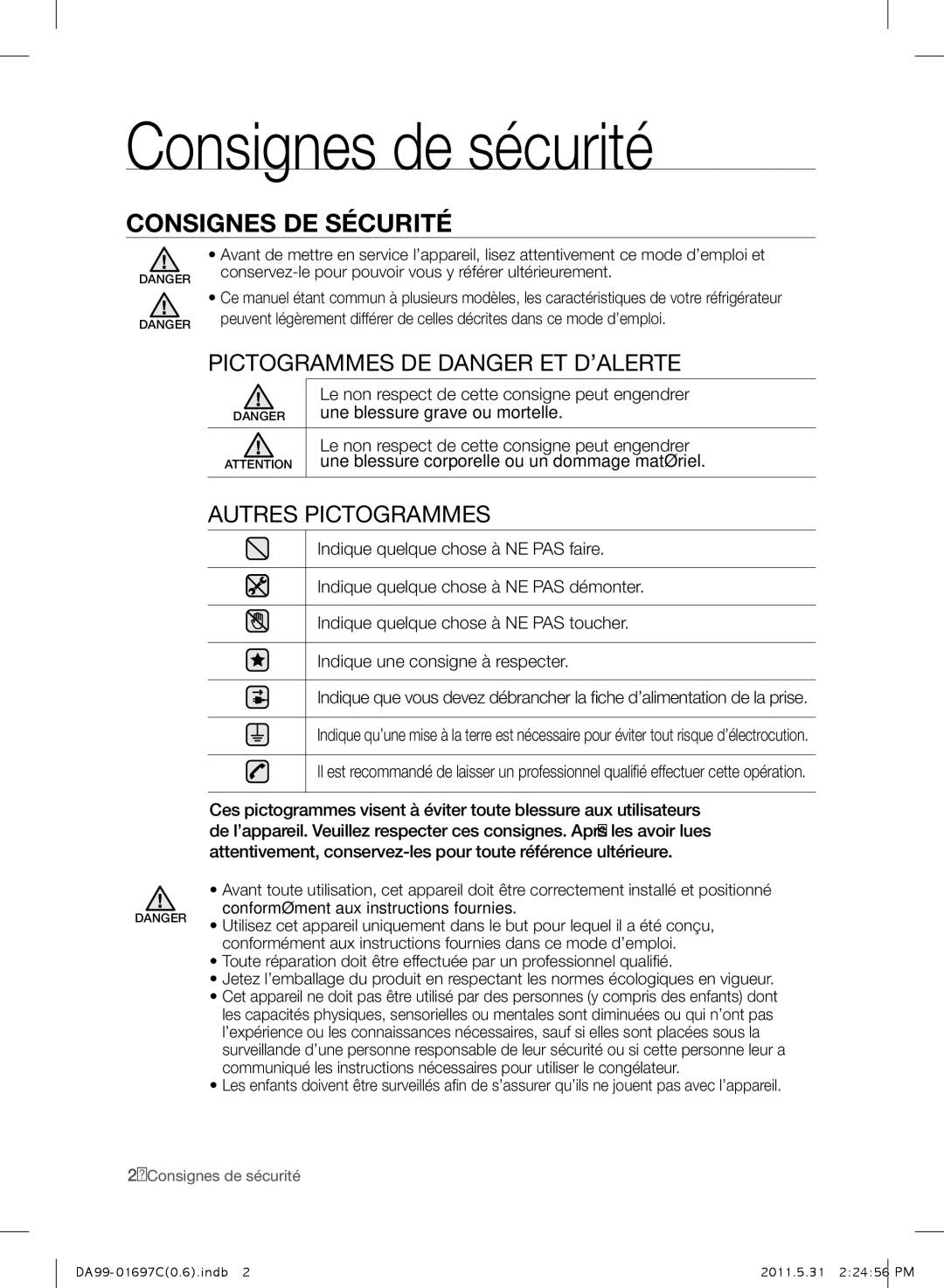 Samsung RT72SASW1/TAC, RT72BASW1/TAC manual Consignes de sécurité, Consignes DE Sécurité, Pictogrammes DE Danger ET D’ALERTE 