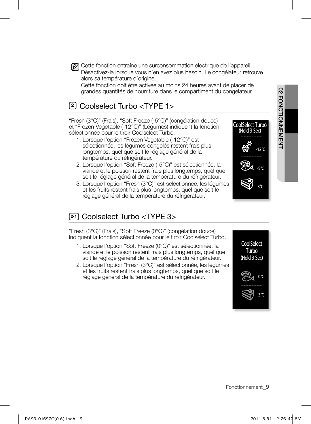 Samsung RT72SASW2/JUM, RT72BASW1/TAC manual Coolselect Turbo Type, Réglage général de la température du réfrigérateur 